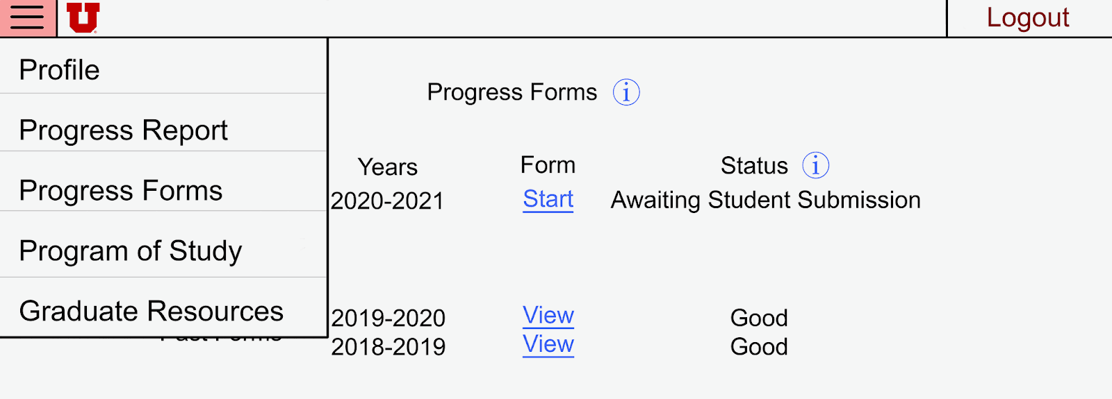Digital mockup showing the hamburger navigation expanded over the Progress
Forms page, revealing four items: Profile, Progress Report, Progress Forms,
and Program of Study, followed by Graduate Resources.